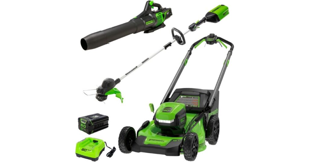 Greenworks - Lawn Mower, Trimmer y Leaf Blower Combo